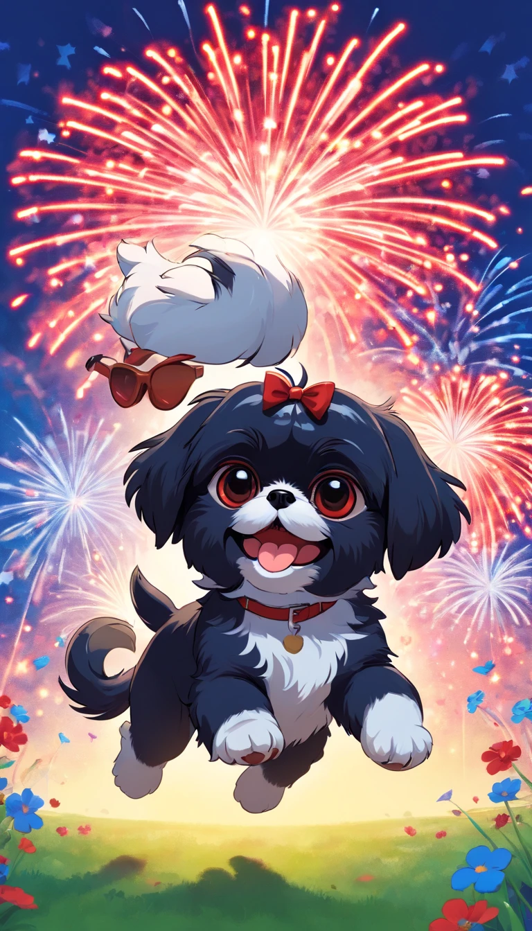 2 Adorable small happy black Shih Tzu puppies chasing paws out wearing sunglasses fourth of July picnic fireworks red white and blue background Pixar 3D cartoon
