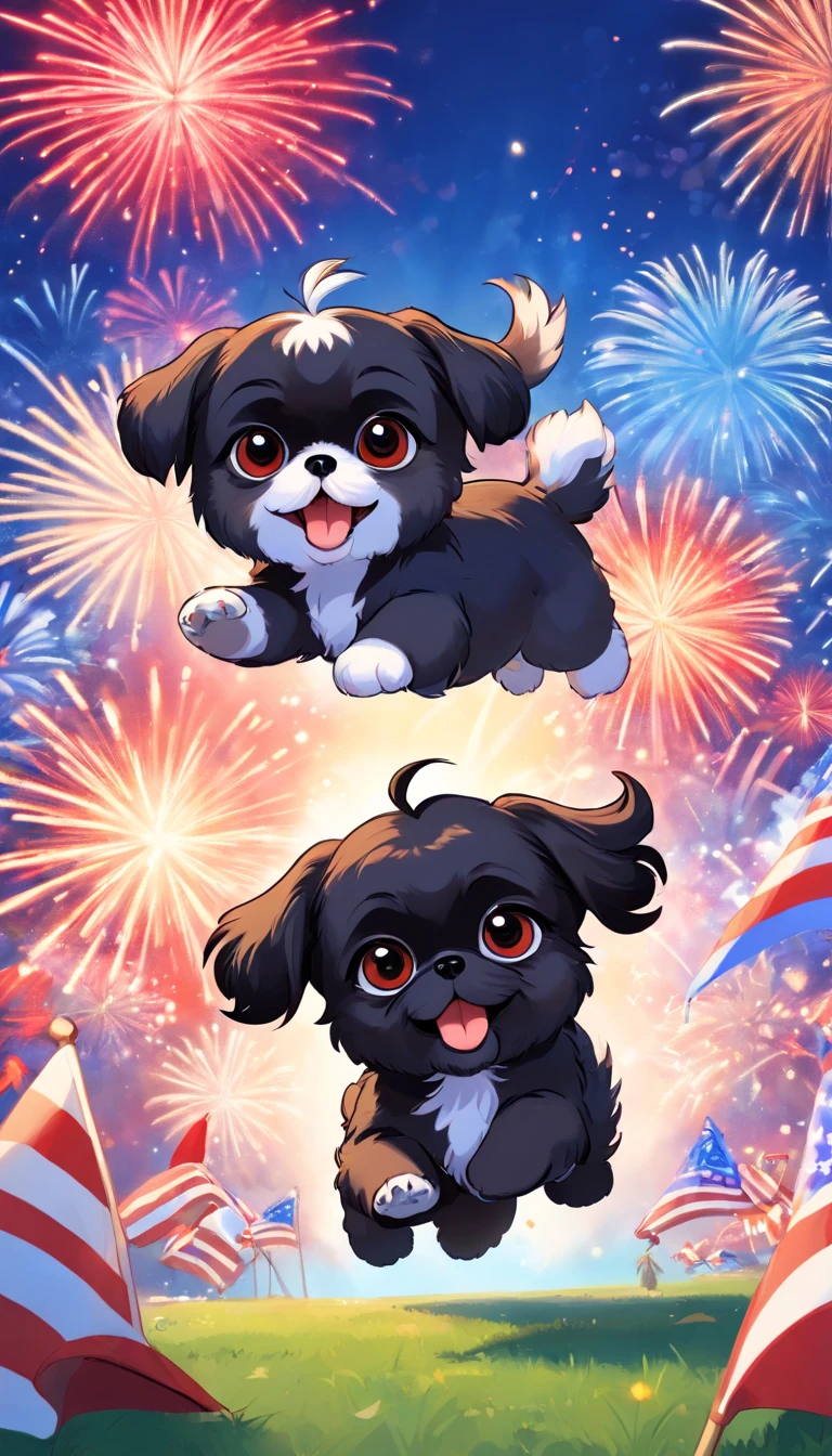 2 Adorable small happy black Shih Tzu puppies chasing paws out wearing sunglasses fourth of July picnic fireworks red white and blue background Pixar 3D cartoon