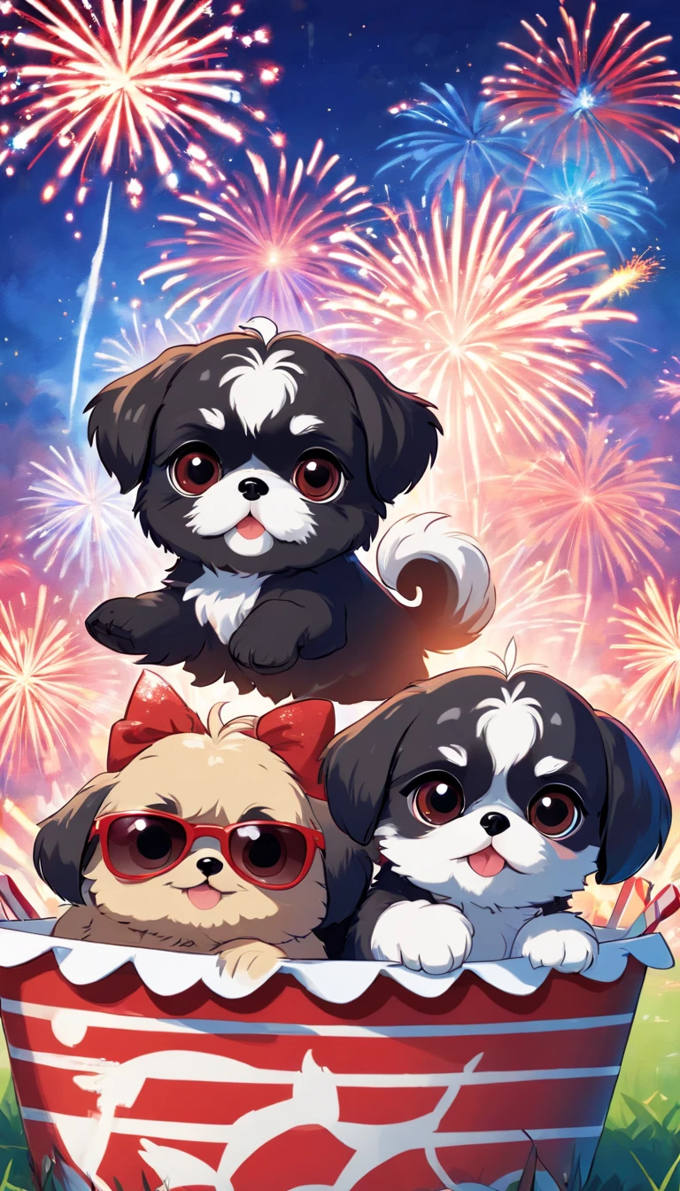 2 Adorable small happy black Shih Tzu puppies chasing paws out wearing sunglasses fourth of July picnic fireworks red white and blue background Pixar 3D cartoon