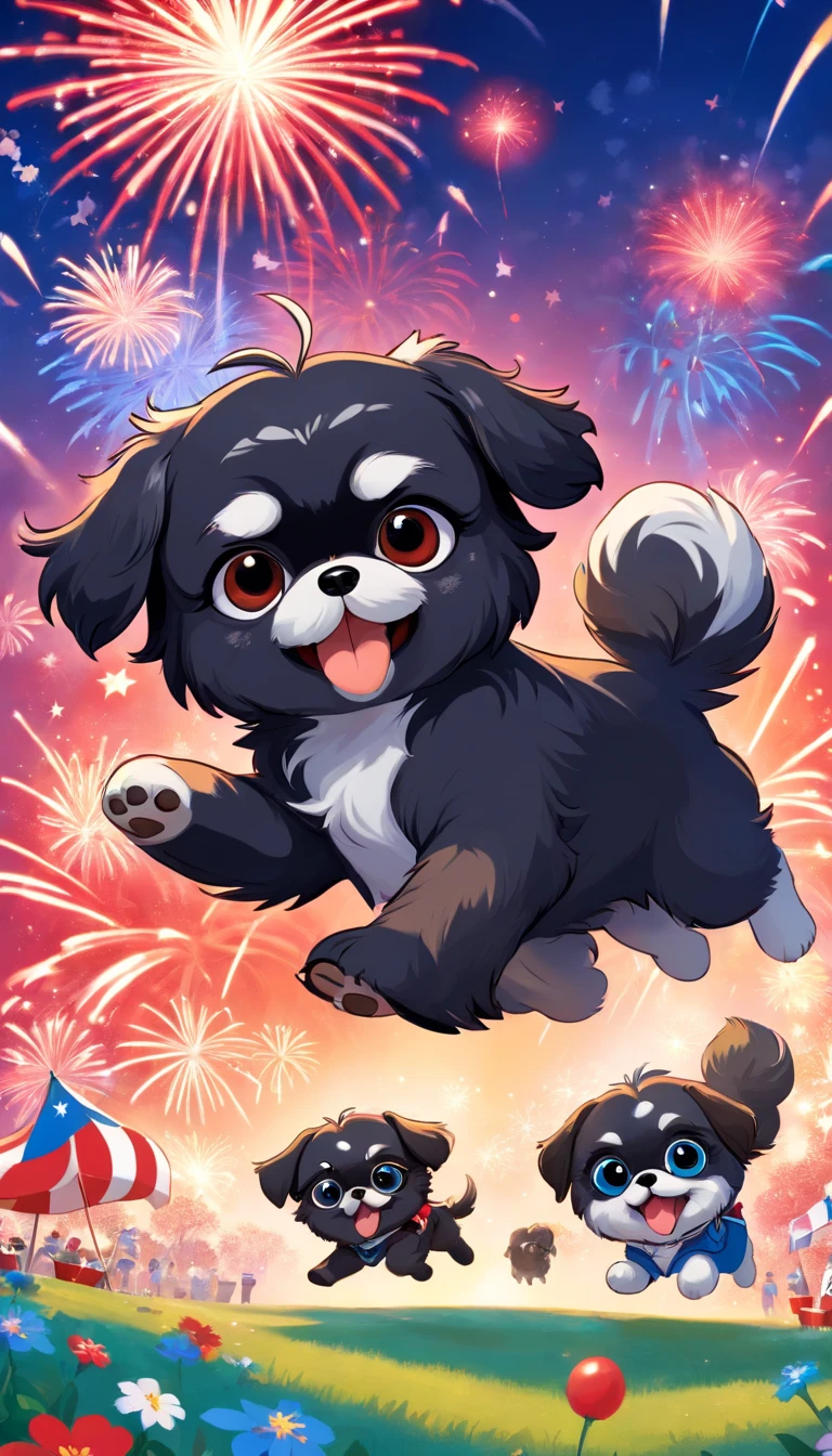 2 Adorable small happy black Shih Tzu puppies chasing paws out wearing sunglasses fourth of July picnic fireworks red white and blue background Pixar 3D cartoon
