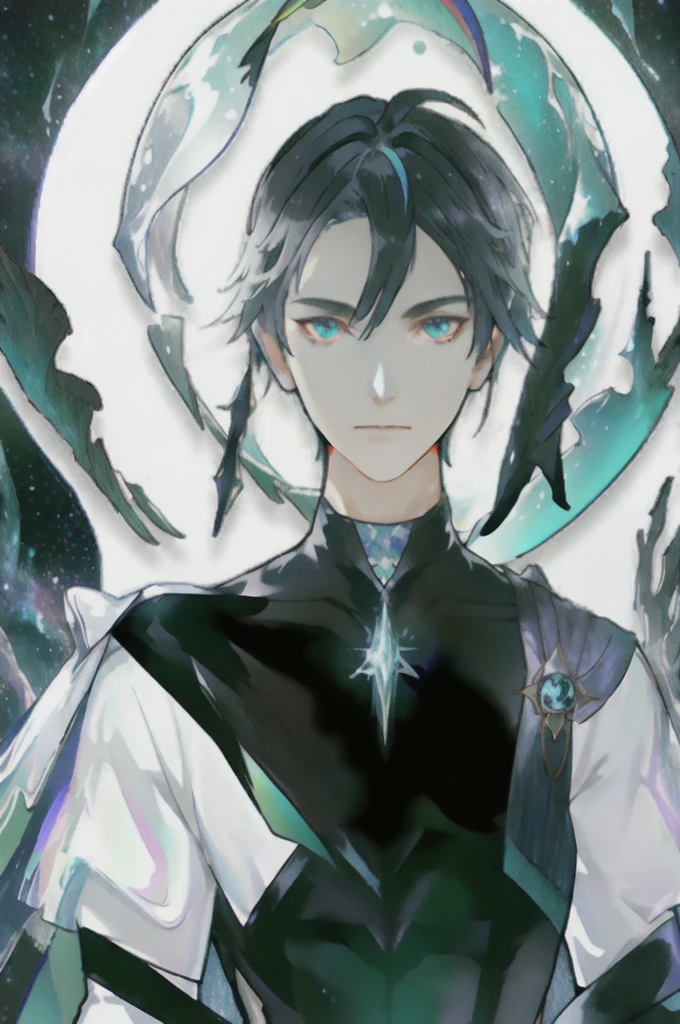 masterpiece, best quality, 1 male, adult, mature, tall muscular guy, Dark theme, Magic circle, bubble, rainbow Sunlight, Underwater, Reflected mirror, floating piece of Glass, Rainbow light, Bubble Swirling, wind Swirling, Aurora, fantasy scenery, Starlight around the character, (upper body)