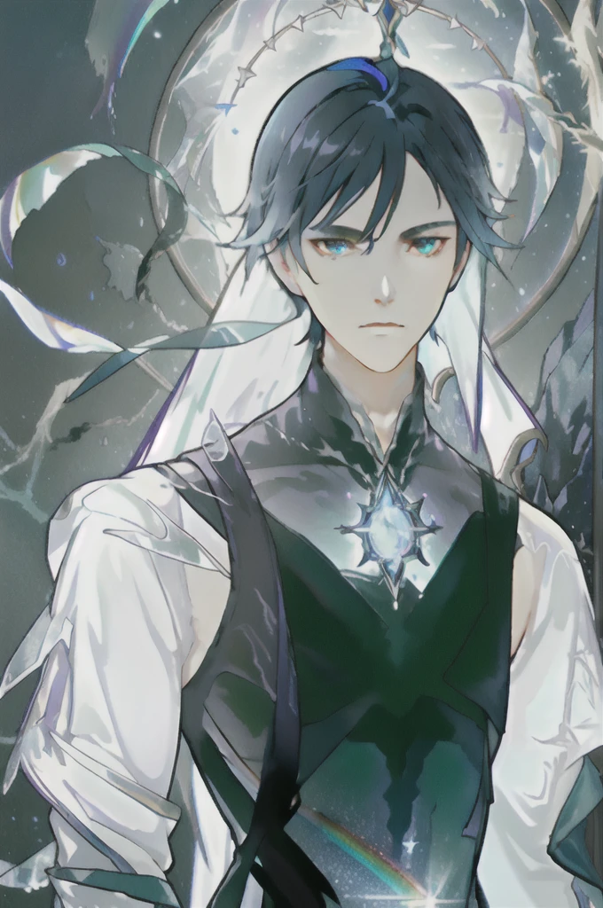masterpiece, best quality, 1 male, adult, mature, tall muscular guy, Dark theme, Magic circle, bubble, rainbow Sunlight, Underwater, Reflected mirror, floating piece of Glass, Rainbow light, Bubble Swirling, wind Swirling, Aurora, fantasy scenery, Starlight around the character, (upper body)