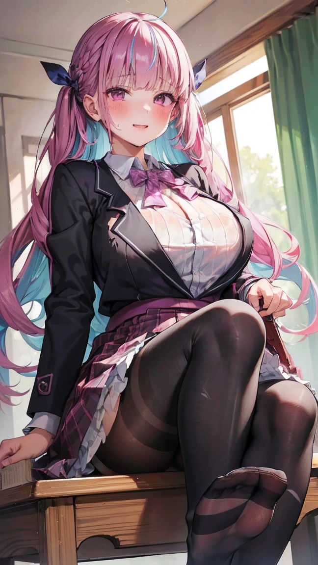 ((masterpiece)), ((Highest quality)), ((Very detailed)), One girl, Long Hair, classroom, Feet Focus, Sit on a chair, Big Breasts, plump, blazer, skirt, (Black Pantyhose:1.2), Wicked Smile, Looking at the audience, From below, (Turn the soles of your feet to the viewer:1.3), Steaming body, Sweat, (Sweaty feet:1.2),(nsfw:1.3)