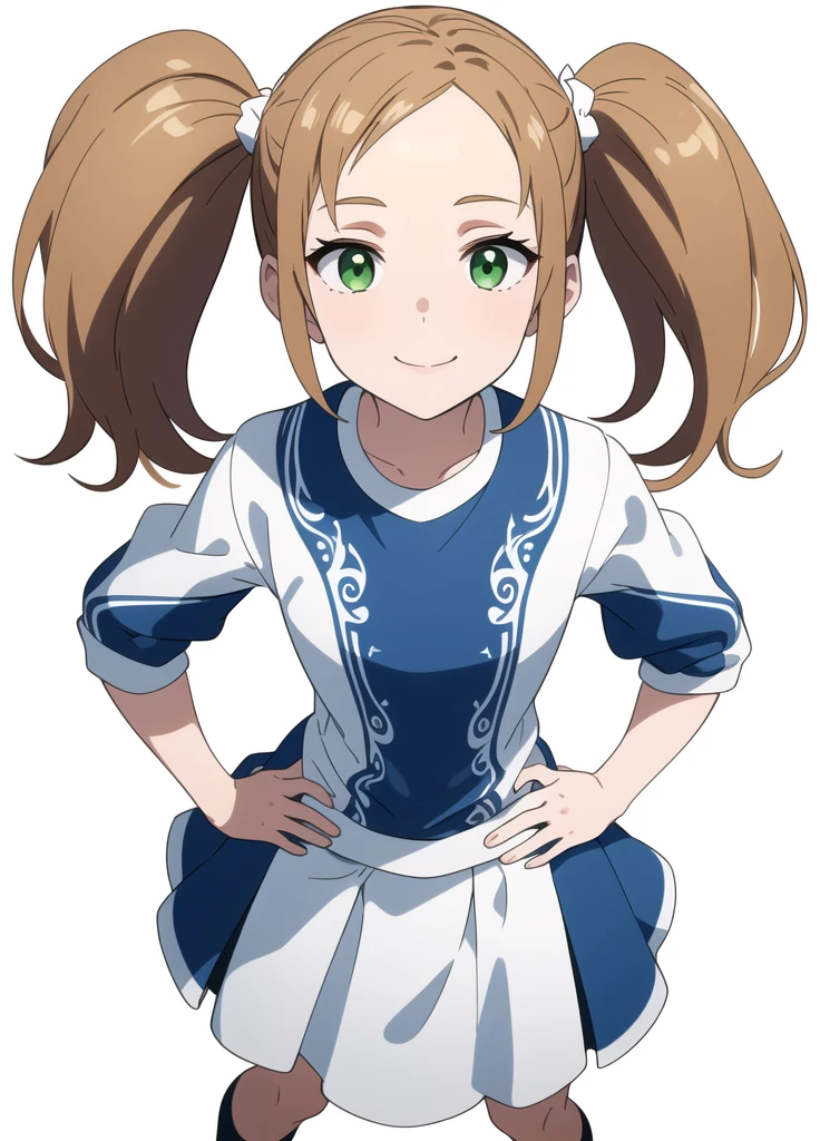 8K, best quality, masterpiece, (ultra-detailed:1.1), (high detailed skin), 
(full body:1.2), white background, standing, looking at viewer, 独奏, hand on hip, 
fll, twintails, 1girl，Brown side ponytail，Green eyes，Uniforms，Sportswear，Blue and white sweatshirt， girl，Short height，trousers，Smile，Waving slightly
(white background, simple background,:1.2), 
( good hands, nice hands:0.5), 
(beautiful_face), ((intricate_detail)), clear face, 
((finely_detailed)), fine_fabric_emphasis, 
((glossy)), full_shot,