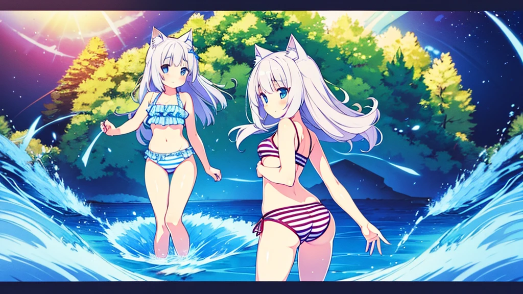 (Masterpiece), (High quality anime illustration), (Super definition), A girl, Alone, Beautiful silver hair girl, anime change, cat ear , , emphasis on the thigh, Striped bikini, SMILE, buttocks, buttocks Up, Back, South Island Sea, water, Tarot Card Wind