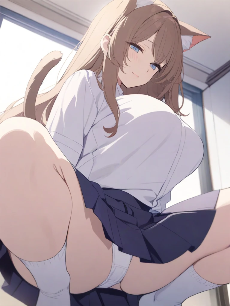 masterpiece, best quality, high quality, beautiful anime character, solo, anime girl with brown hair, soft hair, long hair, blue eyes, cat ears, big breasts, mature female, tall female, big girl, thick, (calming face, light smile, loving eyes), indoors, (white shirts, white panties, dark blue pleated skirt), cat tail, legs, panties peek, from below view, squatting, school girl, white socks,