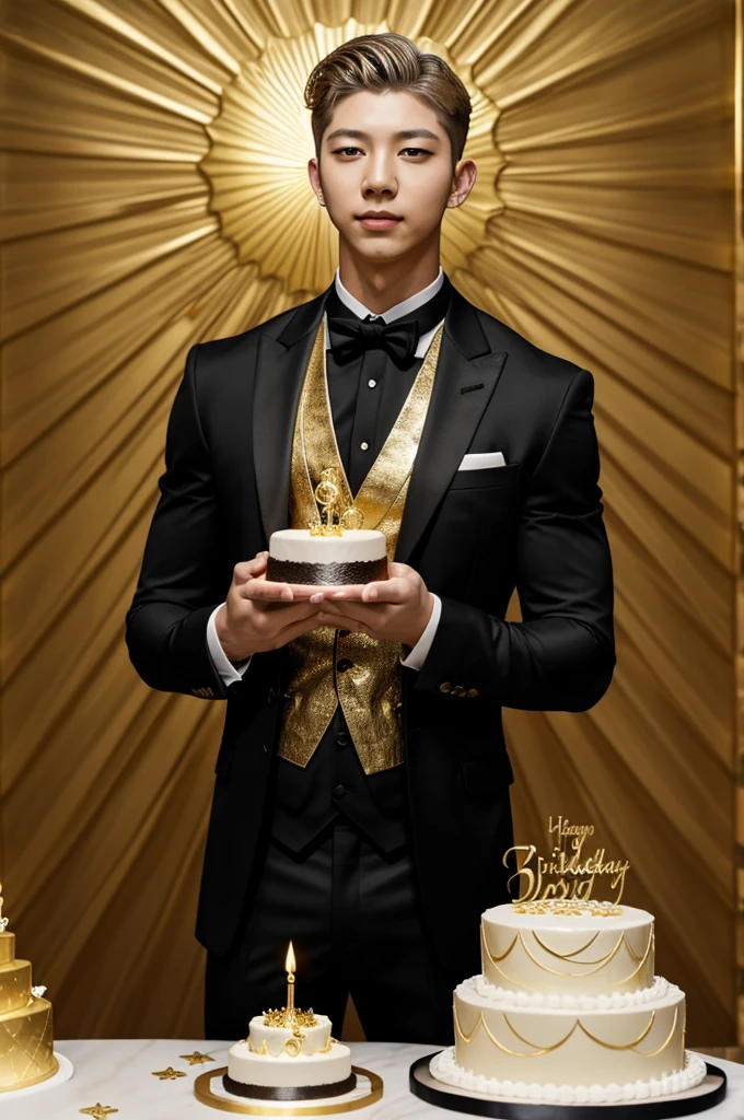 Muscular Namjoon in a modern and haute couture black suit with gold details,holding a sun themed cake close to his face as if ready to blow out the candles,background decoration with birthday and sun theme
