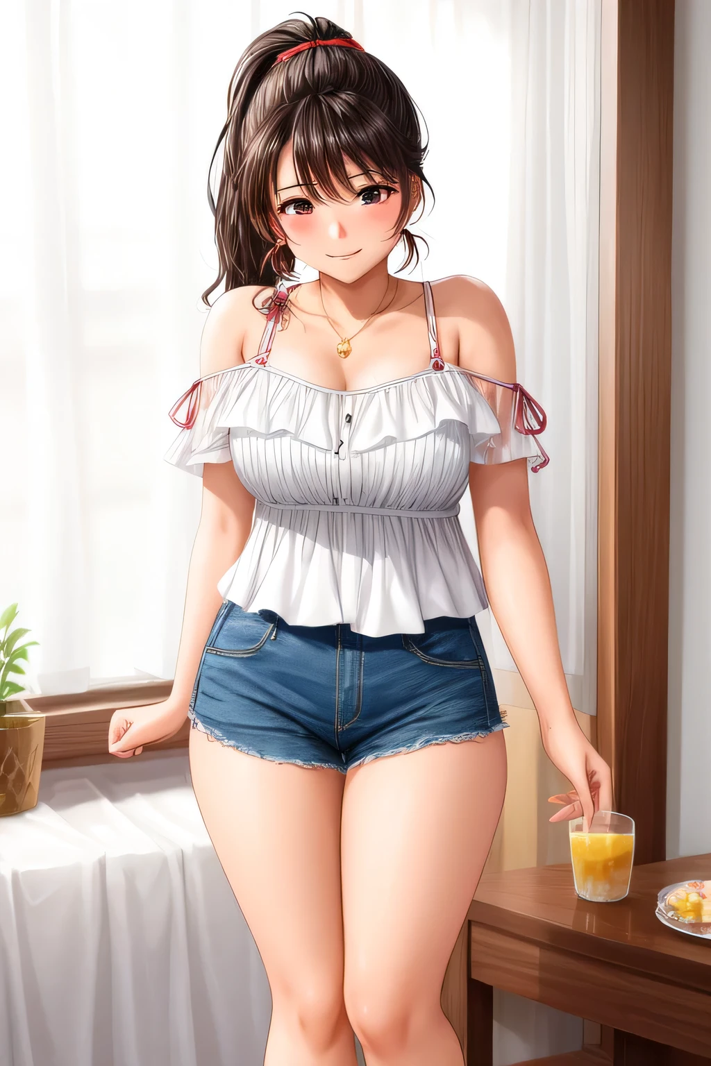Filipina woman, Intimate, face blush, red blushy cheeks, ponytail, feeling excited, beautiful thighs, in love, wearing summer mini dress