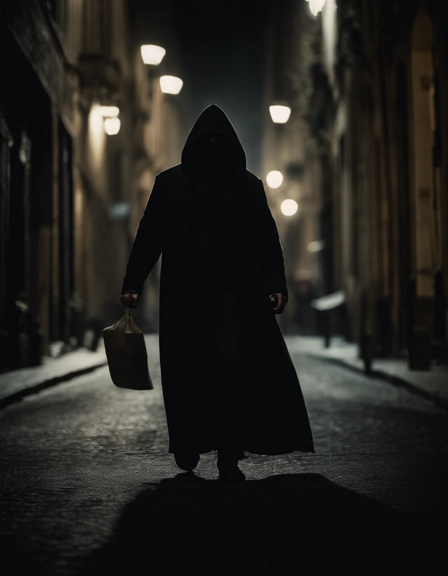 A dealer in a dark street with a black hood and a sprain can with the right fist up and the word REVOLUTION