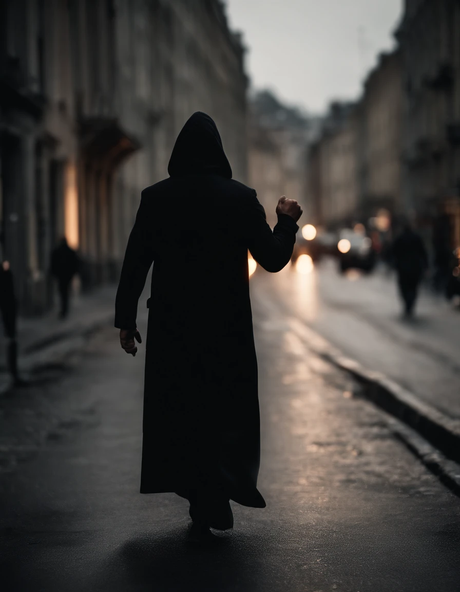 A dealer in a dark street with a black hood and a sprain can with the right fist up and the word REVOLUTION