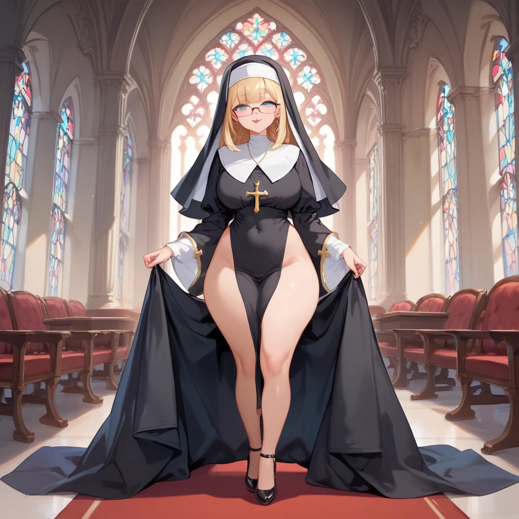 score_9, score_8_up, score_7_up,score_6_up, score_5_up,explicit, nsfw, (masterpiece), best quality, expressive eyes, perfect face, full body, oppai_, perfect body,thick thighs, pale skin, blond hair shoulder length, bratty smirk, nun, bimbo, glasses, tongue, standing