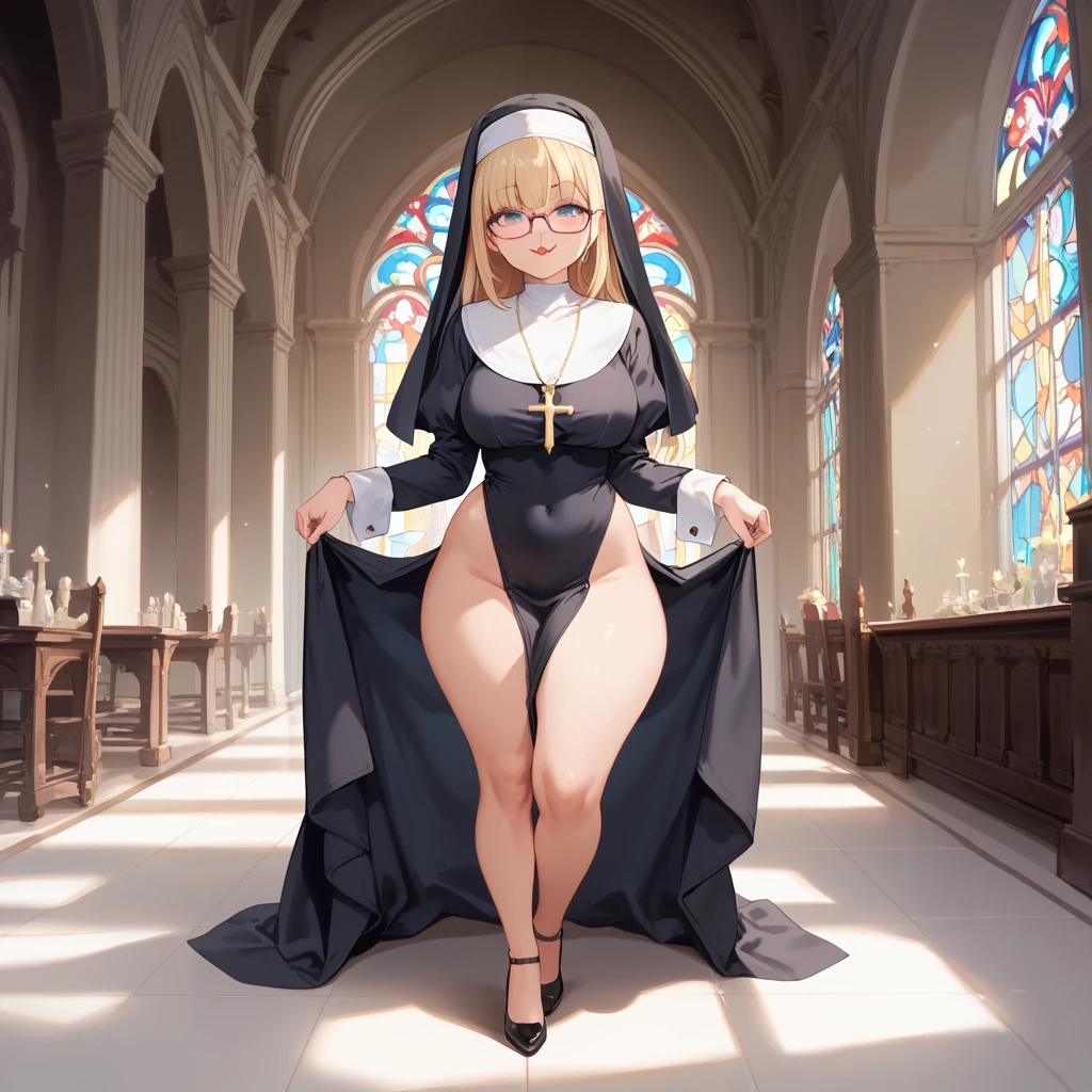 score_9, score_8_up, score_7_up,score_6_up, score_5_up,explicit, nsfw, (masterpiece), best quality, expressive eyes, perfect face, full body, oppai_, perfect body,thick thighs, pale skin, blond hair shoulder length, bratty smirk, nun, bimbo, glasses, tongue, standing