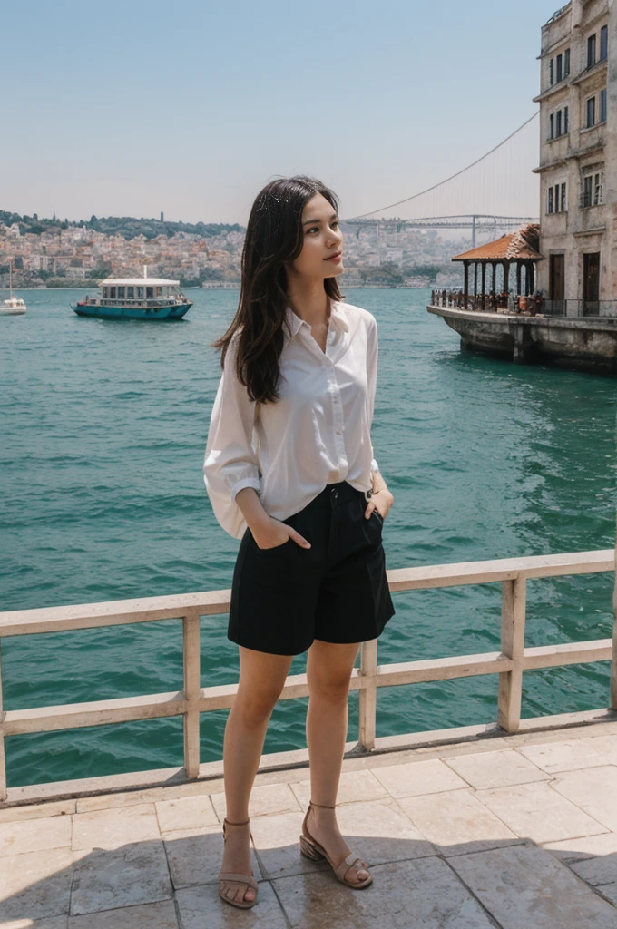 her name is Annie, high quality, 1girl, ((20-year-old fit Caucasian woman)), ((20 years old)), ((fit)) black long hair, pose: standing, wearing pastel colored unique g gen Z modern wear, BACKGROUND: Lived between Europe and Asia in Istanbul, with its ancient mosques, bustling bazaars, and breathtaking views of the Bosphorus.