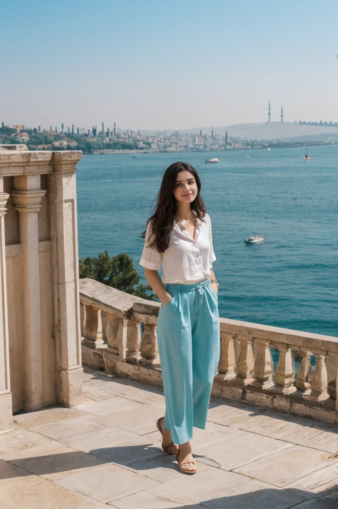 her name is Annie, high quality, 1girl, ((20-year-old fit Caucasian woman)), ((20 years old)), ((fit)) black long hair, pose: standing, wearing pastel colored unique g gen Z modern wear, BACKGROUND: Lived between Europe and Asia in Istanbul, with its ancient mosques, bustling bazaars, and breathtaking views of the Bosphorus.