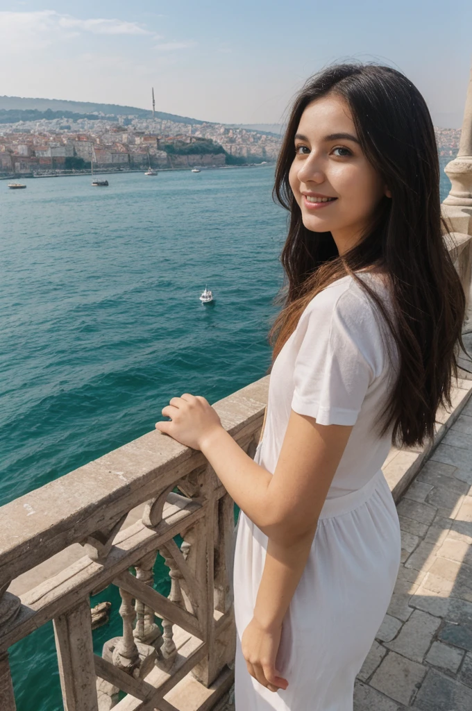 her name is Annie, high quality, 1girl, ((20-year-old fit Caucasian woman)), ((20 years old)), ((fit)) black long hair, pose: standing, wearing pastel colored unique g gen Z modern wear, BACKGROUND: Lived between Europe and Asia in Istanbul, with its ancient mosques, bustling bazaars, and breathtaking views of the Bosphorus.