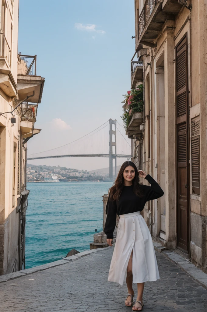 her name is Annie, high quality, 1girl, ((20-year-old fit Caucasian woman)), ((20 years old)), ((fit)) black long hair, pose: standing, wearing pastel colored unique g gen Z modern wear, BACKGROUND: Lived between Europe and Asia in Istanbul, with its ancient mosques, bustling bazaars, and breathtaking views of the Bosphorus.