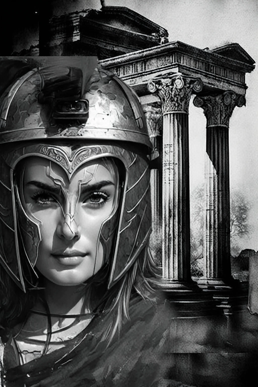 Arafed image of a woman wearing a helmet and armor., digital painting greek myth, greek goddess athena, ancient ruins behind her, goddess. extremely high detail, roman goddess, Artgerm and WLOP, athena goddess of wisdom, 3 d goddess minerva, Monochromatic airbrush painting., Lt. Tadeusz Pruszkówski