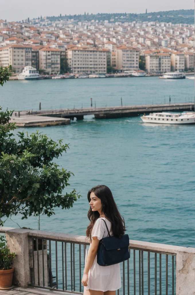 her name is Annie, high quality, 1girl, ((20-year-old fit Caucasian woman)), ((20 years old)), ((fit)) black long hair, pose: standing, wearing pastel colored unique g gen Z modern wear, BACKGROUND: Lived between Europe and Asia in Istanbul, with its ancient mosques, bustling bazaars, and breathtaking views of the Bosphorus.