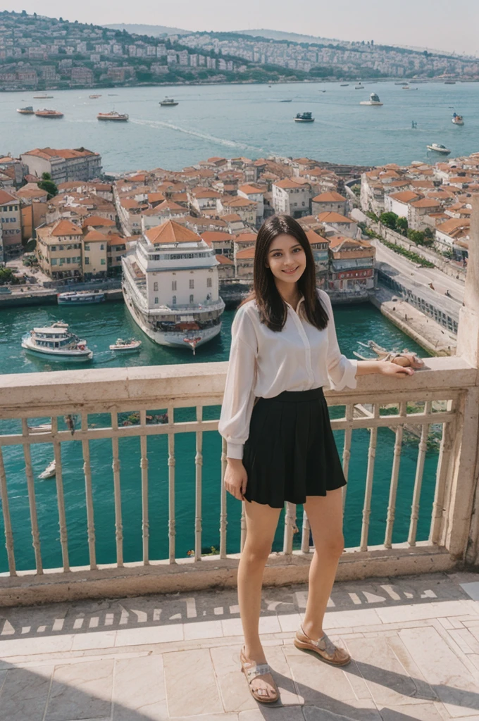 her name is Annie, high quality, 1girl, ((20-year-old fit Caucasian woman)), ((20 years old)), ((fit)) black long hair, pose: standing, wearing pastel colored unique g gen Z modern wear, BACKGROUND: Lived between Europe and Asia in Istanbul, with its ancient mosques, bustling bazaars, and breathtaking views of the Bosphorus.
