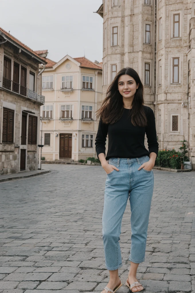her name is Annie, high quality, 1girl, ((20-year-old fit Caucasian woman)), ((20 years old)), ((fit)) black long hair, pose: standing, wearing pastel colored unique g gen Z modern wear, BACKGROUND: Lived between Europe and Asia in Istanbul, with its ancient mosques, bustling bazaars, and breathtaking views of the Bosphorus.
