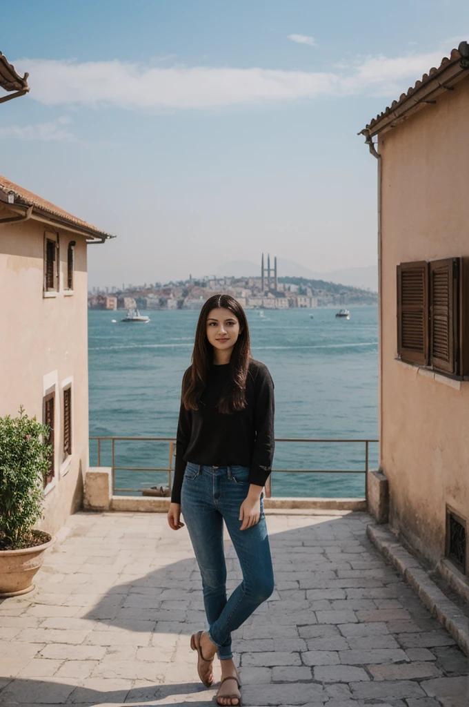 her name is Annie, high quality, 1girl, ((20-year-old fit Caucasian woman)), ((20 years old)), ((fit)) black long hair, pose: standing, wearing pastel colored unique g gen Z modern wear, BACKGROUND: Lived between Europe and Asia in Istanbul, with its ancient mosques, bustling bazaars, and breathtaking views of the Bosphorus.