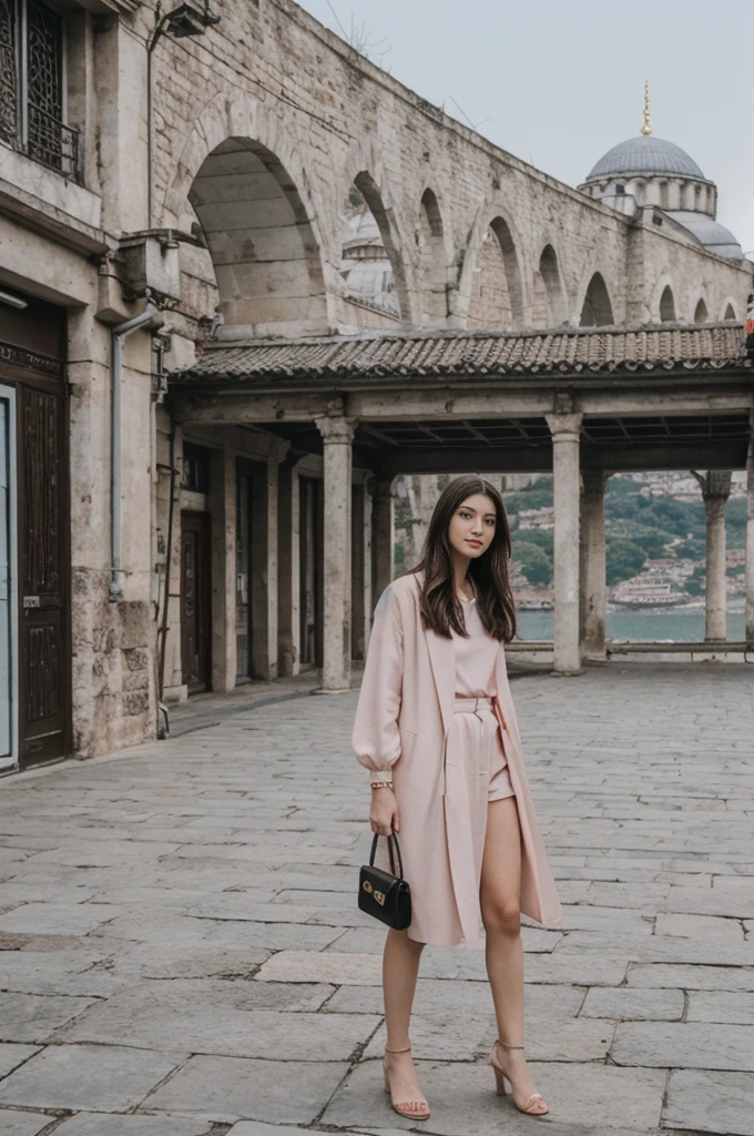 her name is Annie, high quality, 1girl, ((20-year-old fit Caucasian woman)), ((20 years old)), ((fit)) black long hair, pose: standing, wearing pastel colored unique g gen Z modern wear, BACKGROUND: Lived between Europe and Asia in Istanbul, with its ancient mosques, bustling bazaars, and breathtaking views of the Bosphorus.