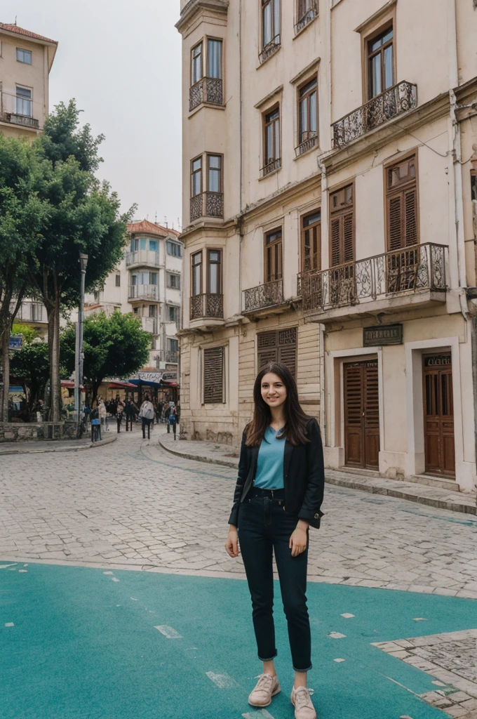 her name is Annie, high quality, 1girl, ((20-year-old fit Caucasian woman)), ((20 years old)), ((fit)) black long hair, pose: standing, wearing pastel colored unique g gen Z modern wear, BACKGROUND: Lived between Europe and Asia in Istanbul, with its ancient mosques, bustling bazaars, and breathtaking views of the Bosphorus.