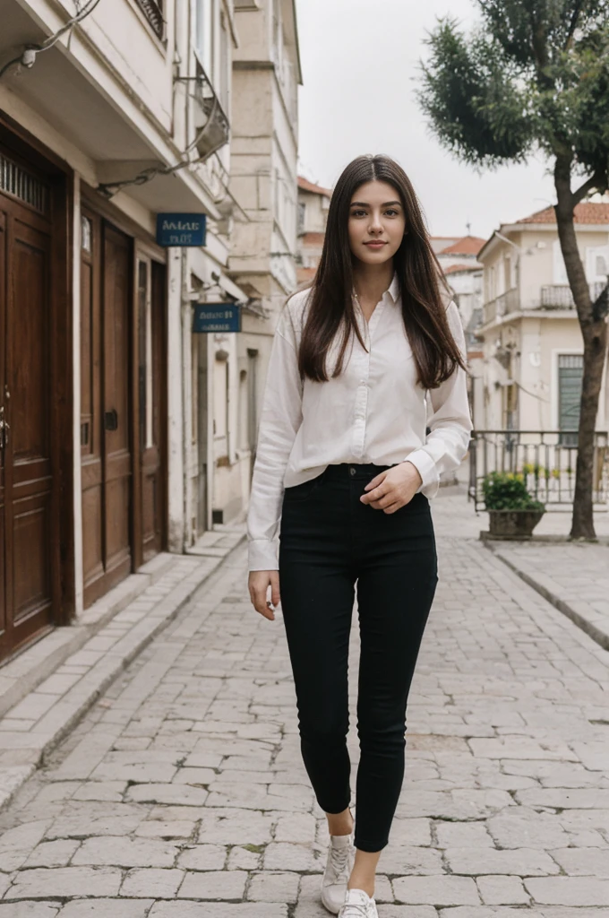 her name is Annie, high quality, 1girl, ((20-year-old fit Caucasian woman)), ((20 years old)), ((fit)) black long hair, pose: standing, wearing pastel colored unique g gen Z modern wear, BACKGROUND: Lived between Europe and Asia in Istanbul, with its ancient mosques, bustling bazaars, and breathtaking views of the Bosphorus.