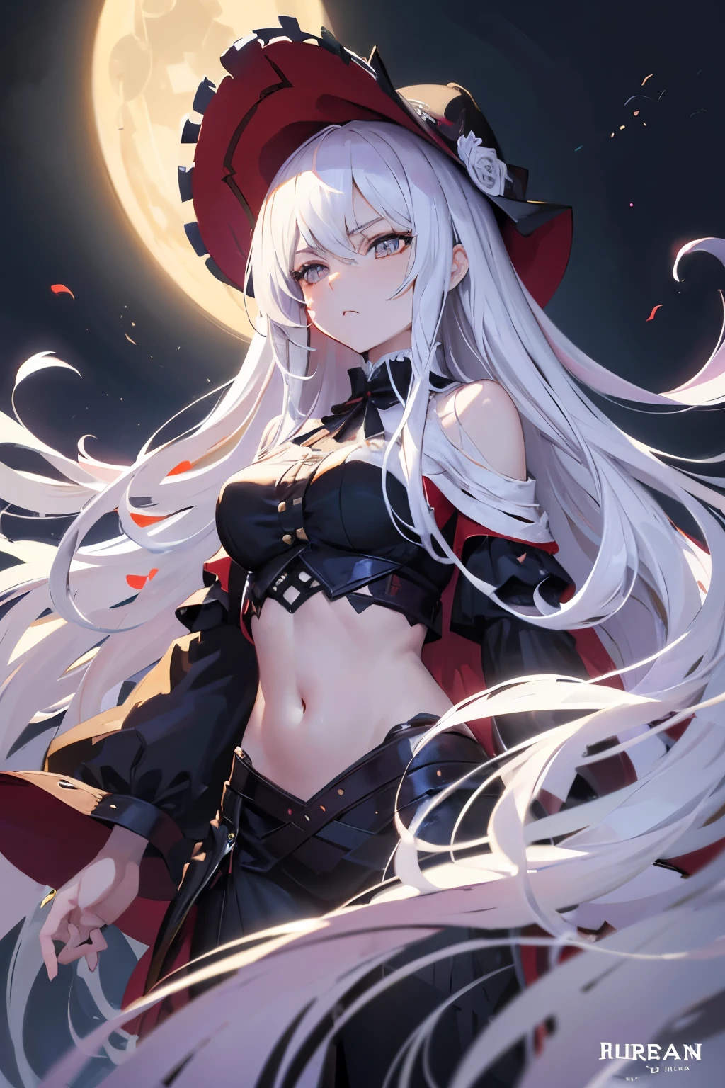 masterpiece, Highest quality, alone focus, (Perfect Face:1.1), (High detail:1.1),dramatic, 1 person, (Pale skin), Long, voluminous braided white hair, White eyes, alone, Long Hair, moon, night, White luxury suit, White Fedora Hat, Covered navel, Pouting, Covered, Jazz club, Detailed Background, art:artgerm と greg rutkowski, Gothic Renaissance, Cinema Lighting,