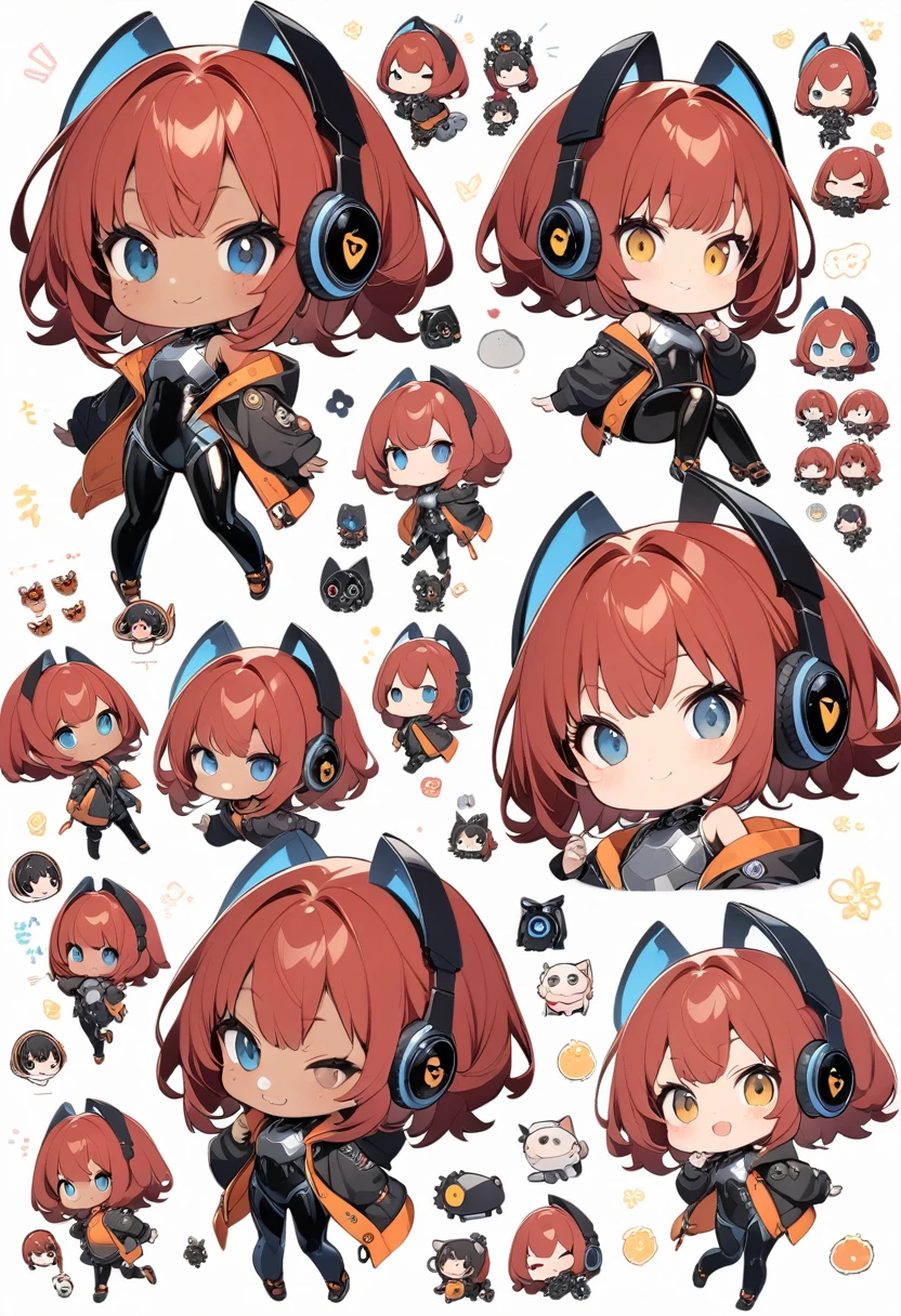 full body,1 girl,(cute:1.3),short, spiky, red Hair, left eye yellow, right eye blue, tan skin, freckles,｛White breastplate, Black futuristic headphones, Mechanical black glossy metallic Bodysuit, Bare shoulders, oversized jacket, Glossy, shiny material,chibi emote, chibi character, character reference sheet, featuring color pallet, expressions
