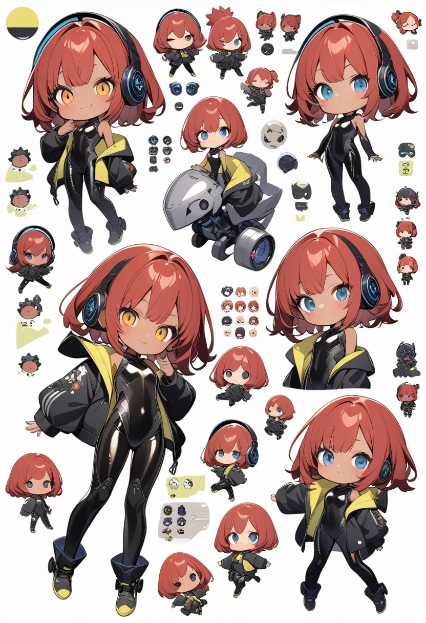 full body,1 girl,(cute:1.3),short, spiky, red Hair, left eye yellow, right eye blue, tan skin, freckles,{White breastplate, Black futuristic headphones, Mechanical black glossy metallic Bodysuit, Bare shoulders, oversized jacket, Glossy, shiny material,chibi emote, chibi character, character reference sheet, featuring color pallet, expressions