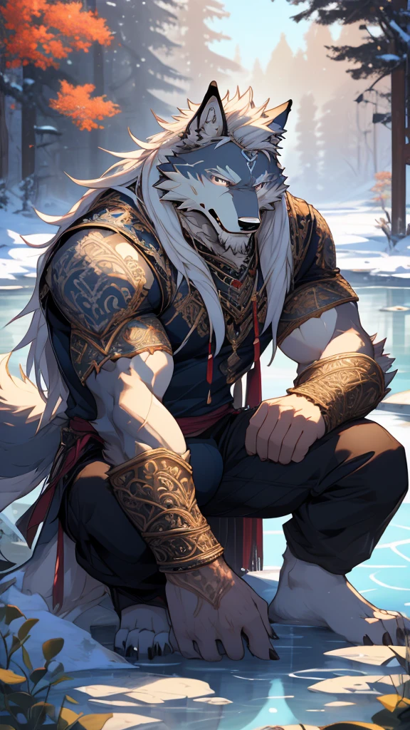(masterpiece),(highres),(intricate details:1.4),extremely detailed,(illustration:1.2),8k,photorealistic,exquisite,solo,aged,elder male wolf,muscular,swordsman,manhood ,safeguard,(white hair:1.3),long hair,long white beard,scar,badly damaged,hurt,broken body ,the icey frozen lake,bleeding ,suffering,naked body ,crouching bulge,bulging underwear,sexy