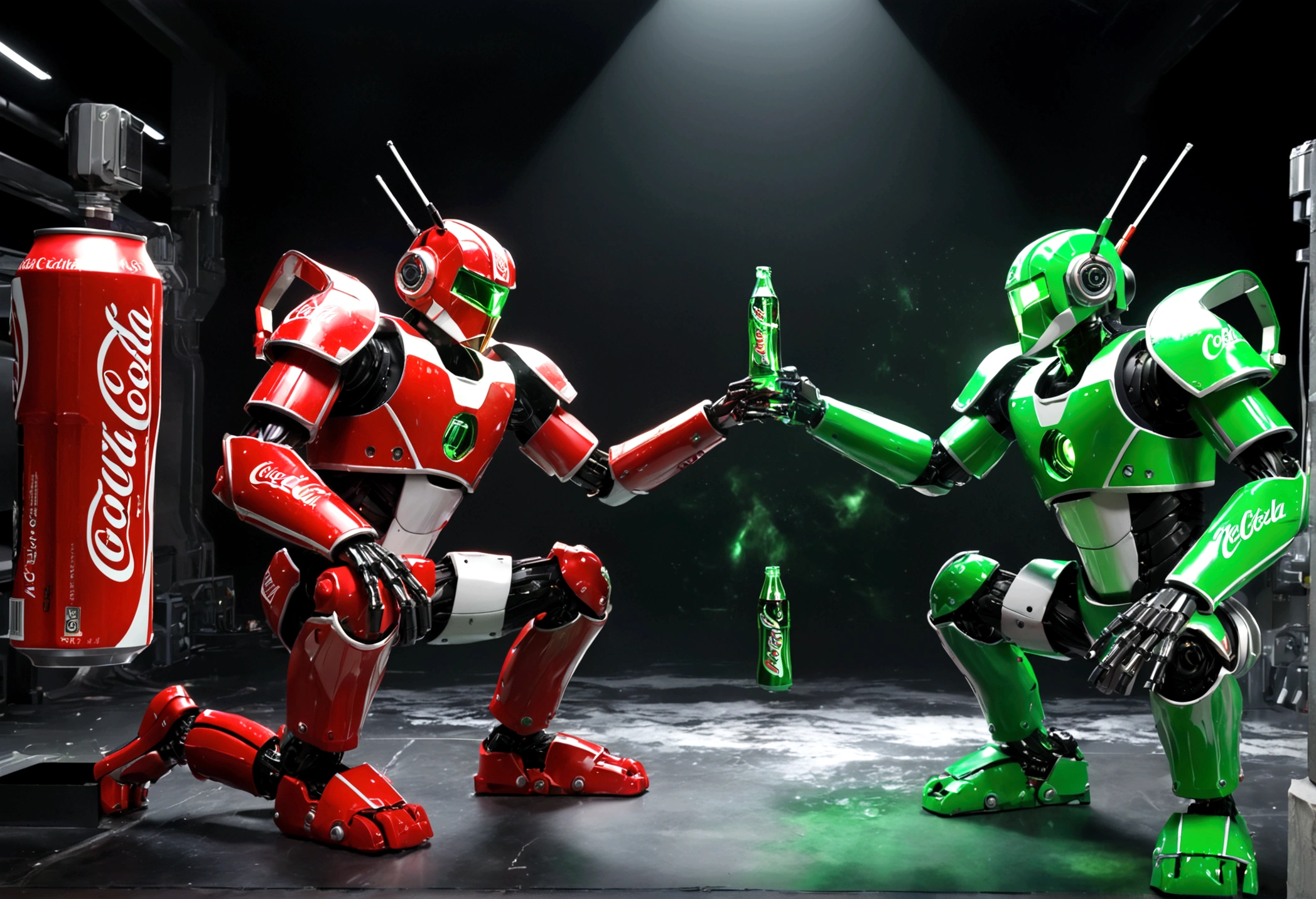 a futuristic battle between Coca-Cola and Mountain Dew robots, highly detailed, epic space battle, Coca-Cola red and white robots battling Mountain Dew green and black samurai robots, rocket thrusters, dynamic poses, mechanical details, volumetric lighting, 8k, photorealistic, cinematic composition, dramatic camera angles, vibrant colors, chiaroscuro lighting