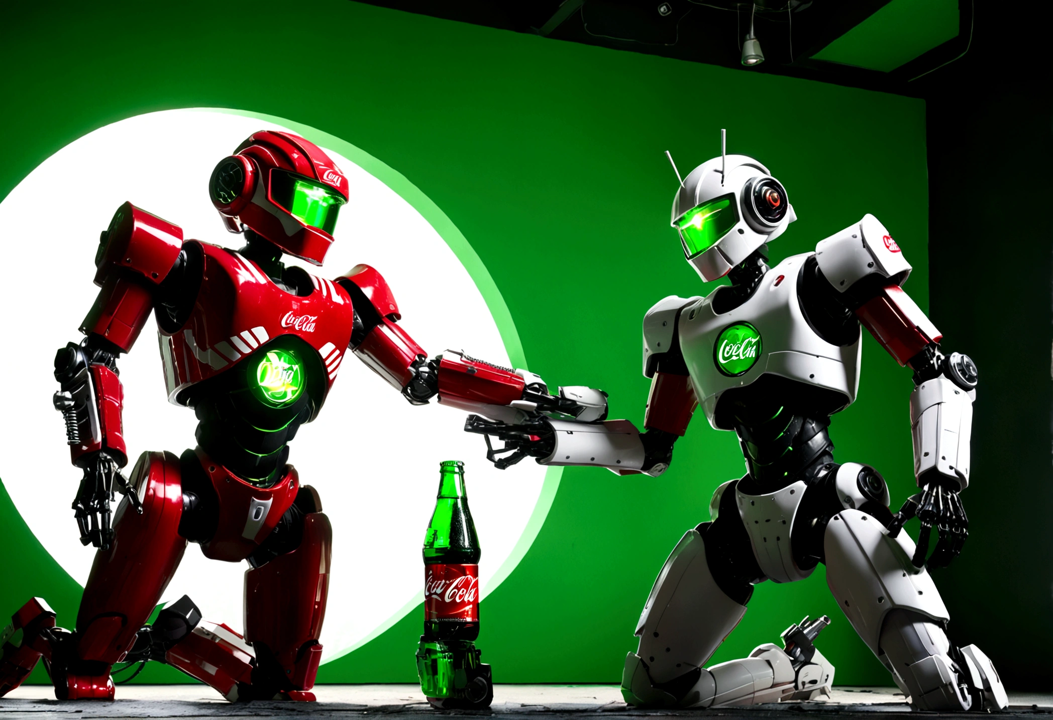 a futuristic battle between Coca-Cola and Mountain Dew robots, highly detailed, epic space battle, Coca-Cola red and white robots battling Mountain Dew green and black samurai robots, rocket thrusters, dynamic poses, mechanical details, volumetric lighting, 8k, photorealistic, cinematic composition, dramatic camera angles, vibrant colors, chiaroscuro lighting