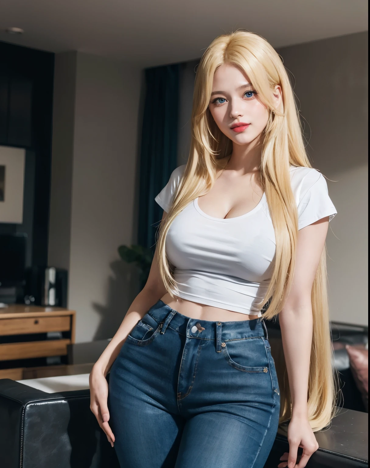 1girl, (Blue Eyes), (smiling :1.2), (Sana Minatozaki), (beautiful makeup :1.2), wide hips, (big :1.1), (big ass), (thin waist), (thick thighs), (toned legs), (Best Quality, 8k, Masterpiece: 1.3), Clear Focus: 1.2, Perfect Body Beauty: 1.4, (strong abs), Highly detailed face and skin texture, detailed eyes, double eyelids, (shiny skin :1.2), (long blonde straight hair :1.2) red lips, (blonde long straight hair :1.2), (cleavage black t-shirt :1.2), (jeans :1.1), standing, dynamic pose, in a living room