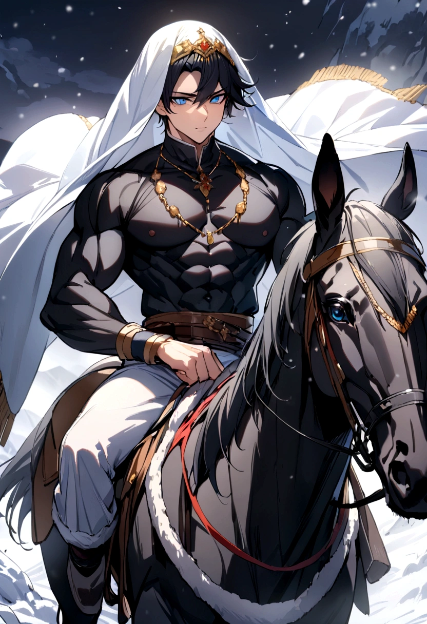 Young man riding a horse in the snow, High quality face black fur veil(Masterpiece,best quality,special, (Broad shoulders)) (muscle), black hair, short hair, blue eyes ,