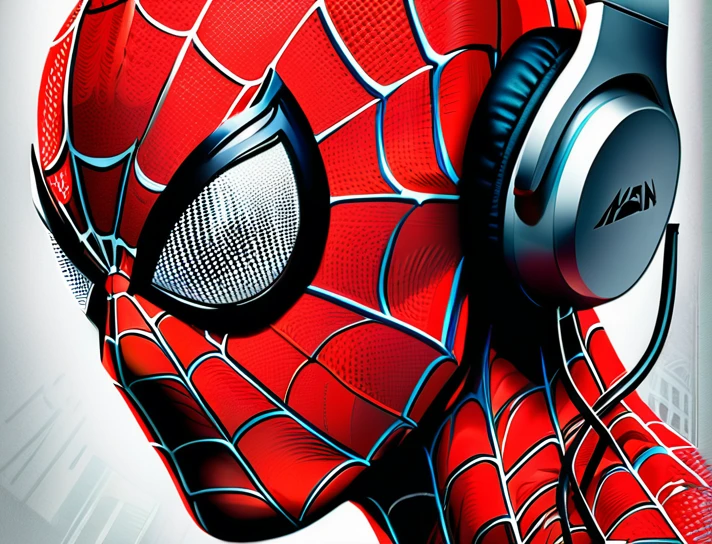 a close up of a spider - man with headphones on, poster art by Luis Miranda, trending on cgsociety, digital art, marvel art, marvel style, portrait of spiderman, futuristic style spiderman, marvel superhero, style of marvel, marvel comic style, super hero art, spiderman in the moshpit, marvel comics dslr hdr, marvelous expression, spider-man