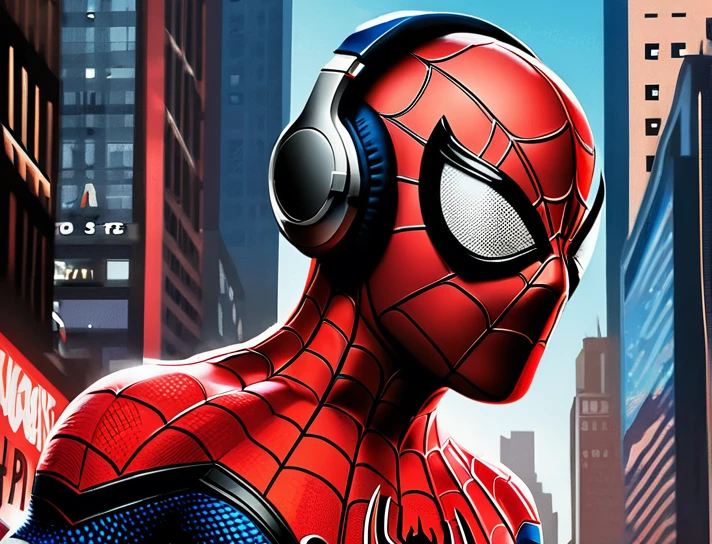 a close up of a spider - man with headphones on, poster art by Luis Miranda, trending on cgsociety, digital art, marvel art, marvel style, portrait of spiderman, futuristic style spiderman, marvel superhero, style of marvel, marvel comic style, super hero art, spiderman in the moshpit, marvel comics dslr hdr, marvelous expression, spider-man