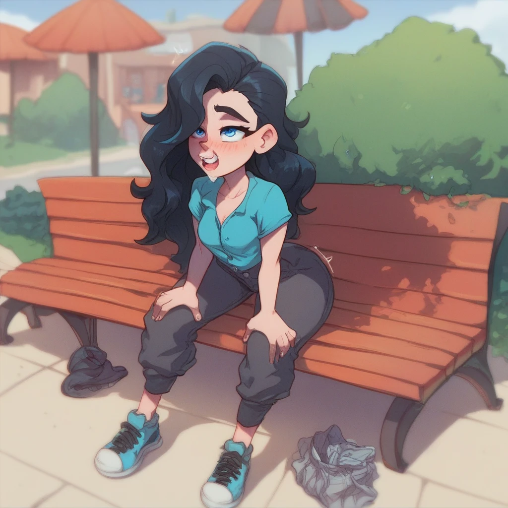 Ralph Bakshi Style, Curvy blue eyed girl with long wavy black hair and small breasts, (cruel_expression):3.0, humping a bench in public