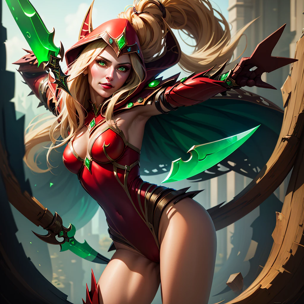 1girl, cowboy shot of beautiful ladyvaleera, hood on, red leotard, cameltoe, holding daggers, green dagger, weapon, looking at viewer, fantasy town outdoors, magic, volumetric lighting, best quality, masterpiece, realistic,