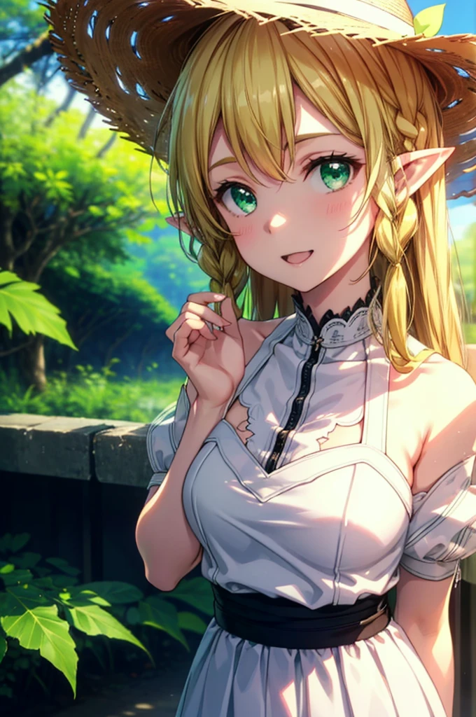 Suguhakirigaya, Suguhakirigaya, Long Hair,Blonde,Green Eyes,Pointy Ears,Short braids,,happy smile, smile, Open your mouth,Big Breasts,White straw hat,White sleeveless dress, bare arms,Green long skirt,Cute Sandals,Walking,Clear skies,whole bodyがイラストに入るように,
break outdoors, nature, forest, 
break looking at viewer, whole body,
break (masterpiece:1.2), Highest quality, High resolution, unity 8k wallpaper, (shape:0.8), (Beautiful attention to detail:1.6), Highly detailed face, Perfect lighting, Extremely detailed CG, (Perfect hands, Perfect Anatomy),