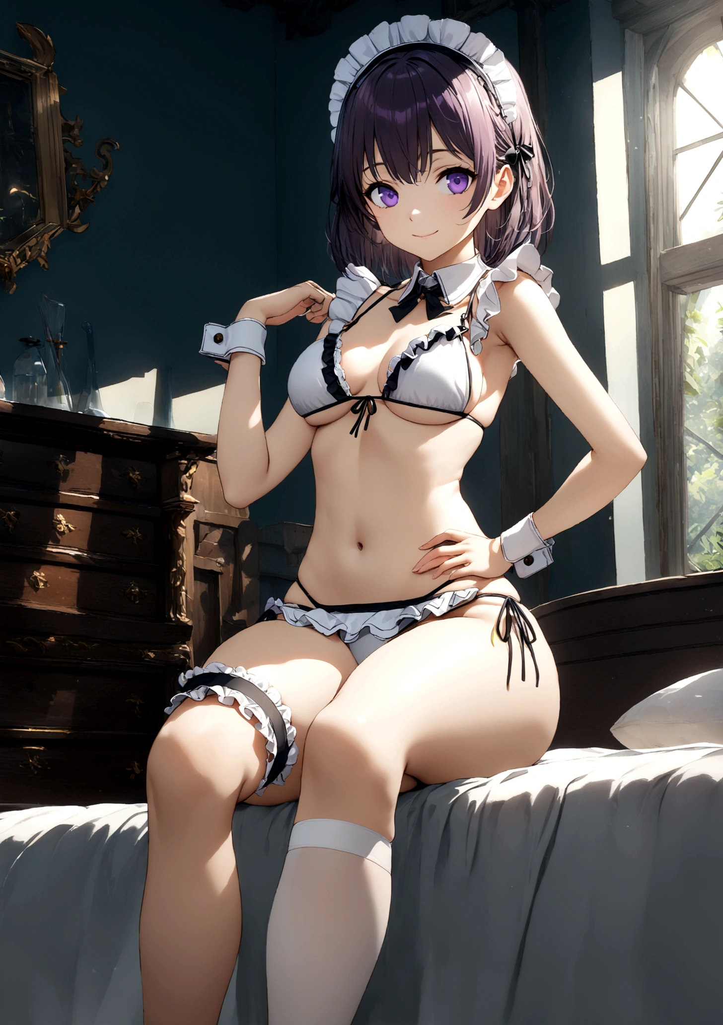 ((32k)), ((best quality)), ((ultra high res)), ((HDR)), ((UHD)), ((extremely detailed CG)), ((unity 32k wallpaper)), (((18 years old))), 1 girl, closed mouth, standing, purple eyes, swimsuit, bikini, thighs, cowboy shot, frills, indoors, hand up, stomach, white thighhighs, hand on hip, wrist cuffs, maid, maid headdress, bare arms, skindentation, detached collar, side-tie bikini bottom, white bikini, single thighhigh, string bikini, frilled bikini, bridal garter, maid bikini, smile, large breasts, (sit on the bed), (your legs wide spread), 