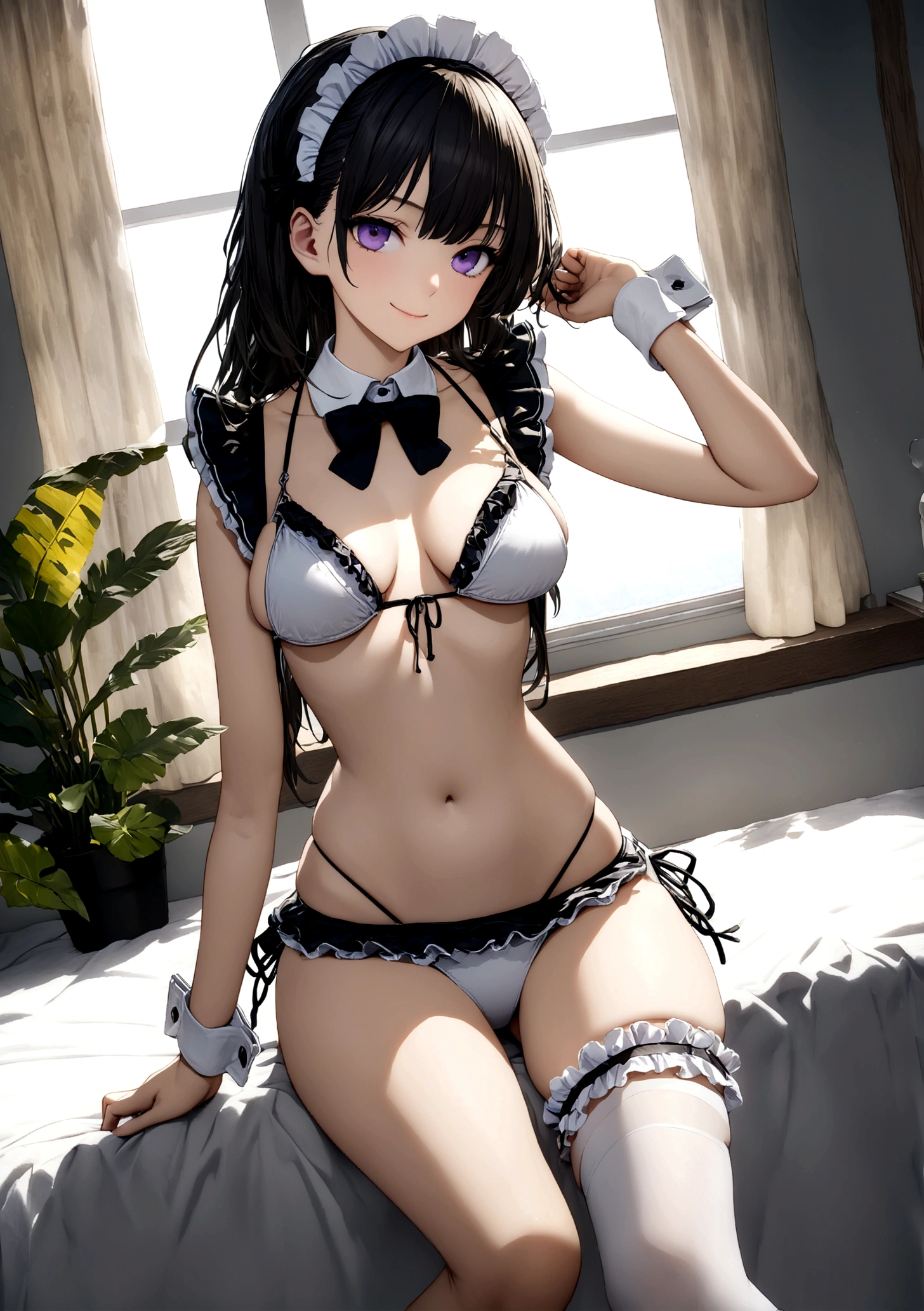 ((32k)), ((best quality)), ((ultra high res)), ((HDR)), ((UHD)), ((extremely detailed CG)), ((unity 32k wallpaper)), (((18 years old))), 1 girl, closed mouth, standing, purple eyes, swimsuit, bikini, thighs, cowboy shot, frills, indoors, hand up, stomach, white thighhighs, hand on hip, wrist cuffs, maid, maid headdress, bare arms, skindentation, detached collar, side-tie bikini bottom, white bikini, single thighhigh, string bikini, frilled bikini, bridal garter, maid bikini, smile, large breasts, (sit on the bed), (your legs wide spread),