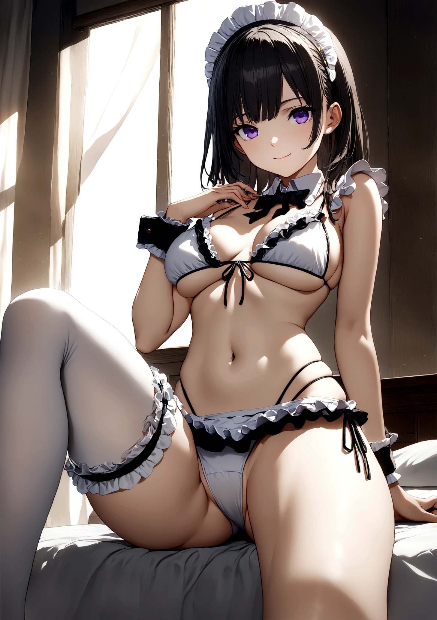 ((32k)), ((best quality)), ((ultra high res)), ((HDR)), ((UHD)), ((extremely detailed CG)), ((unity 32k wallpaper)), (((18 years old))), 1 girl, closed mouth, standing, purple eyes, swimsuit, bikini, thighs, cowboy shot, frills, indoors, hand up, stomach, white thighhighs, hand on hip, wrist cuffs, maid, maid headdress, bare arms, skindentation, detached collar, side-tie bikini bottom, white bikini, single thighhigh, string bikini, frilled bikini, bridal garter, maid bikini, smile, large breasts, (sit on the bed), (your legs wide spread),