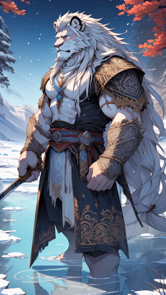 (masterpiece),(highres),(intricate details:1.4),extremely detailed,(illustration:1.2),8k,photorealistic,exquisite,solo,aged,elder male lion ,muscular,swordsman,manhood ,safeguard,(white hair:1.3),long hair,long white beard,scar,badly damaged,hurt,broken body ,the icey frozen lake,bleeding ,suffering,naked body