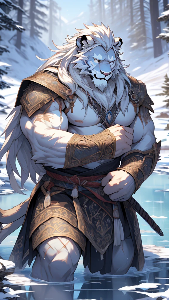 (masterpiece),(highres),(intricate details:1.4),extremely detailed,(illustration:1.2),8k,photorealistic,exquisite,solo,aged,elder male lion ,muscular,swordsman,manhood ,safeguard,(white hair:1.3),long hair,long white beard,scar,badly damaged,hurt,broken body ,the icey frozen lake,bleeding ,suffering,naked body