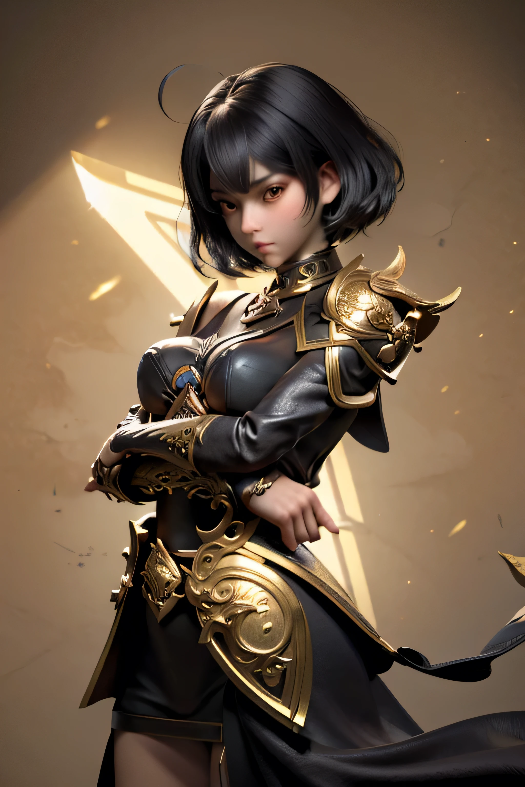 a sexy anime girl, short hair, black hair, brown eyes, black medieval dress, golden armor parts, armor, rune symbol armor, right hand wielding golden katana, capricorn symbol background, small breasts, realistic,