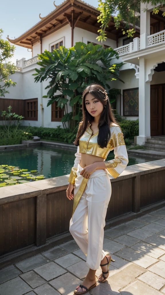 3d,1080hd,contrast,oilposertcolors masterpice,expressionism art, a Thai beatiful girl in lightgold​ cropped national costume, ​white skin, smirk,​eyes charming, dark long hair,​she standing gracefuly​ on yard palace beside lotus pool, wildflowers, blue sky and cute clound