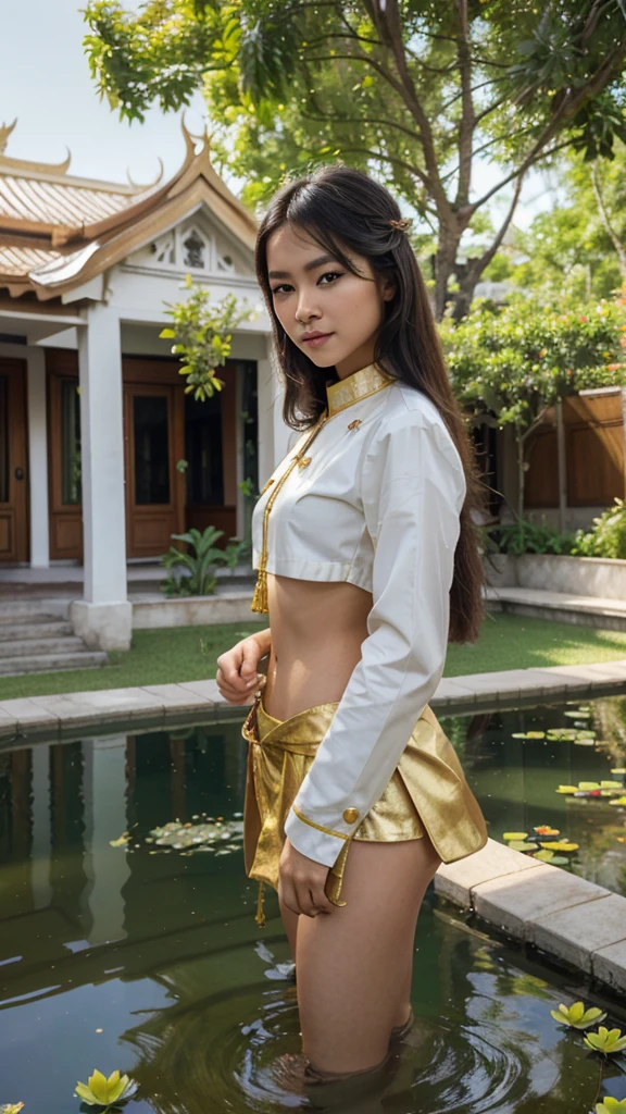 3d,1080hd,contrast,oilposertcolors masterpice,expressionism art, a Thai beatiful girl in lightgold​ cropped national costume, ​white skin, smirk,​eyes charming, dark long hair,​she standing gracefuly​ on yard palace beside lotus pool, wildflowers, blue sky and cute clound