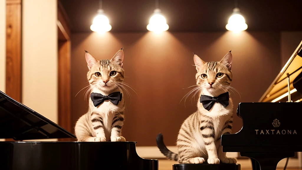 (Highest quality: 1.4),　High resolution,　8K,　Anime chic,　Cozy jazz cafe with dim and warm lighting,　A sophisticated cat wearing a tiny fedora and bow tie sits at a grand piano、Playing jazz music,　The cat&#39;s paws move gracefully across the keyboard.、Eyes half-closed in concentration, 　In the background、There are a few small tables where customers can sit and enjoy their drinks.、There&#39;s a vintage record player and shelves filled with old jazz records.,　The smoke drifts gently、Create a nostalgic and atmospheric scene,　The overall atmosphere is relaxed and a little melancholic.、It captures the essence of a classic jazz bar.,　1 piano。